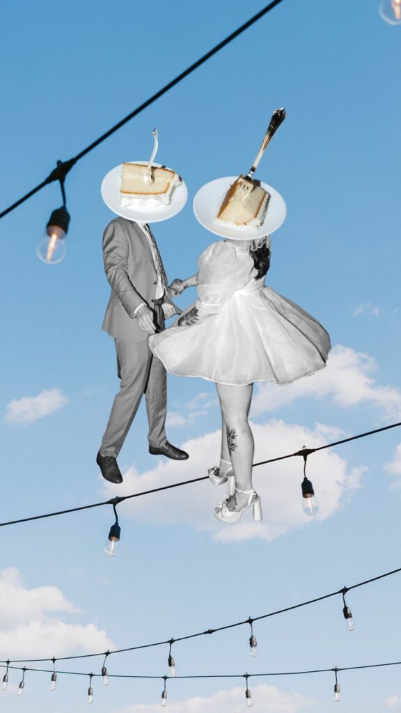  Creative collage of the bride and groom with slices of wedding cake covering their faces against a blue sky at Solar Arts Building in Minneapolis.