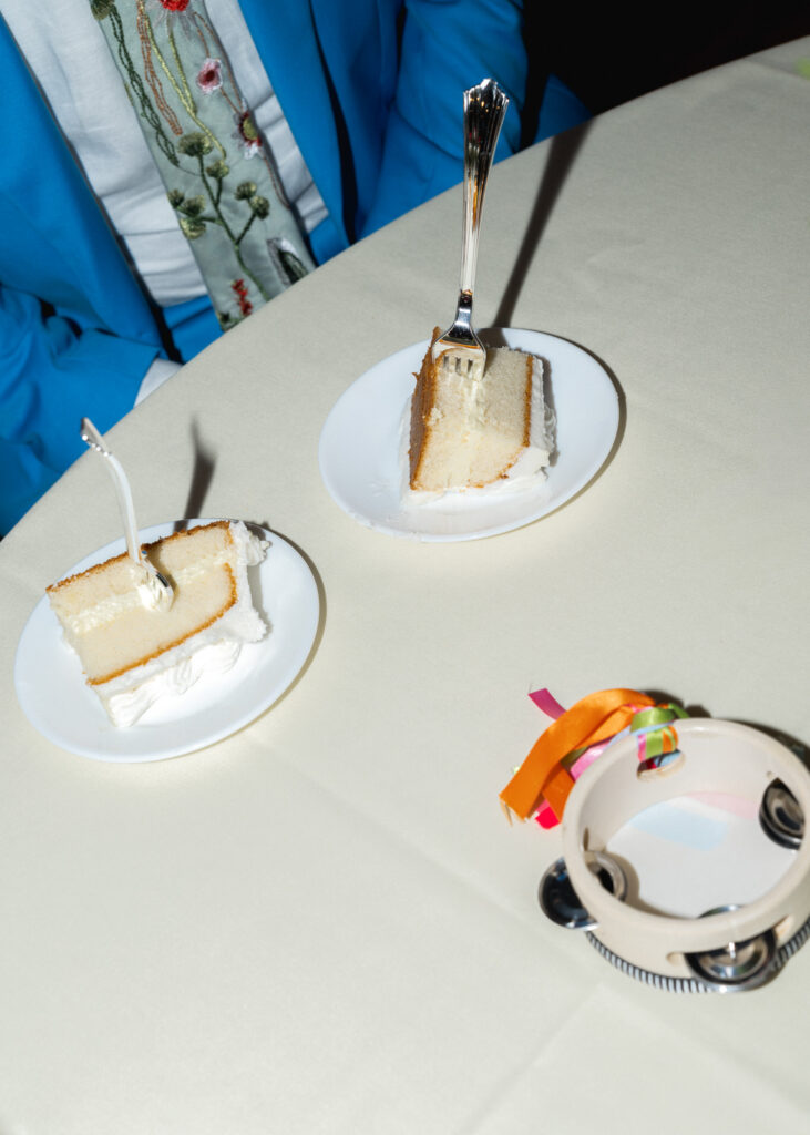 Slices of wedding cake and dessert served at the reception inside the Solar Arts Building in Minneapolis